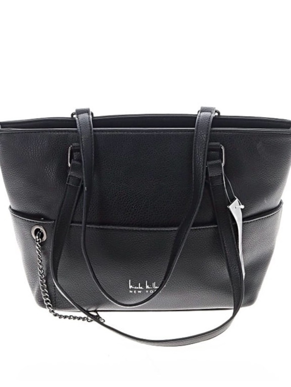 Nicole Miller Black Pebbled Tote with Chain Detail